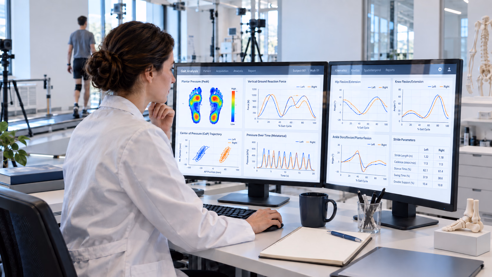 A clinician reviewing plantar-pressure and gait charts in a movement laboratory