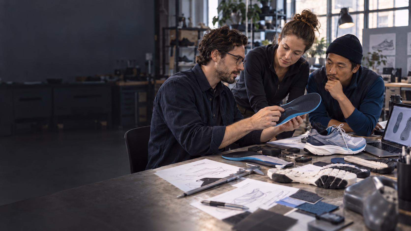 A multidisciplinary product team examining a smart insole at a footwear development bench