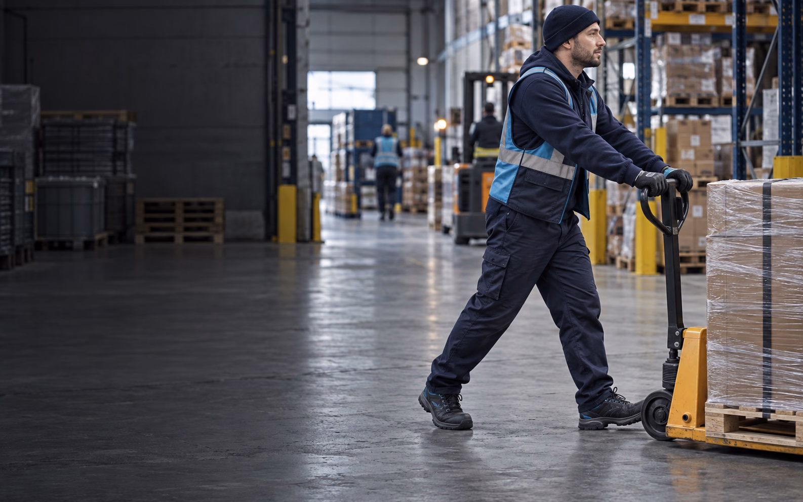 A warehouse worker moving a loaded pallet during a shift